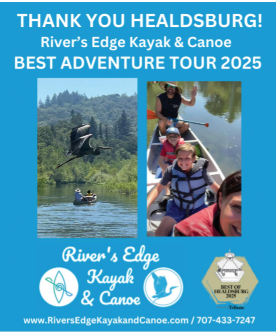 Kayaking images with text: 'River's Edge Kayak & Canoe, Best Adventure Tour 2025, Thank You Healdsburg!'
